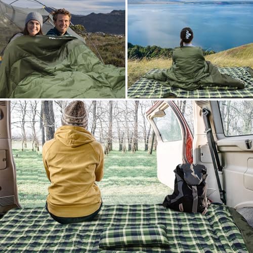 POEPORE Double Sleeping Bag for Adults with 2 Pillows, XXL Queen Size, Green