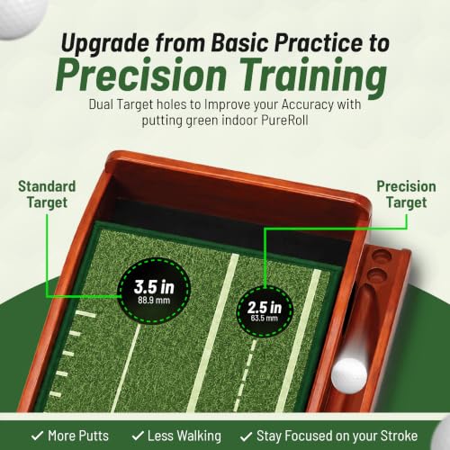 Indoor Golf Putting Mat 10ft with Auto Ball Return, 2 Holes & Wood Frame