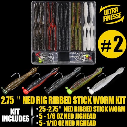 35-Piece Ned Rig Finesse Soft Plastic Worms & Jighead Kit for Bass