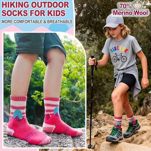 Kids Merino Wool Hiking Socks 8-12 Years Thermal Winter Cozy 6 Pairs - Sun Mixed