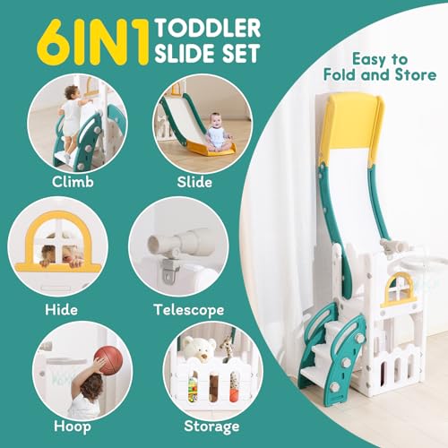Toddler Indoor Slide with Climber Basketball Hoop and Storage - Wider & Longer
