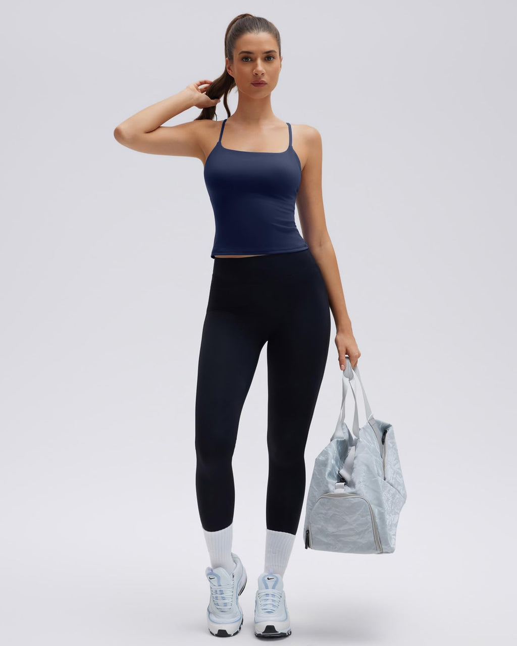 SUUKSESS Longline Padded Sports Bras Open Back Workout Spaghetti Strap Camisole Tops (Navy Blue, M)