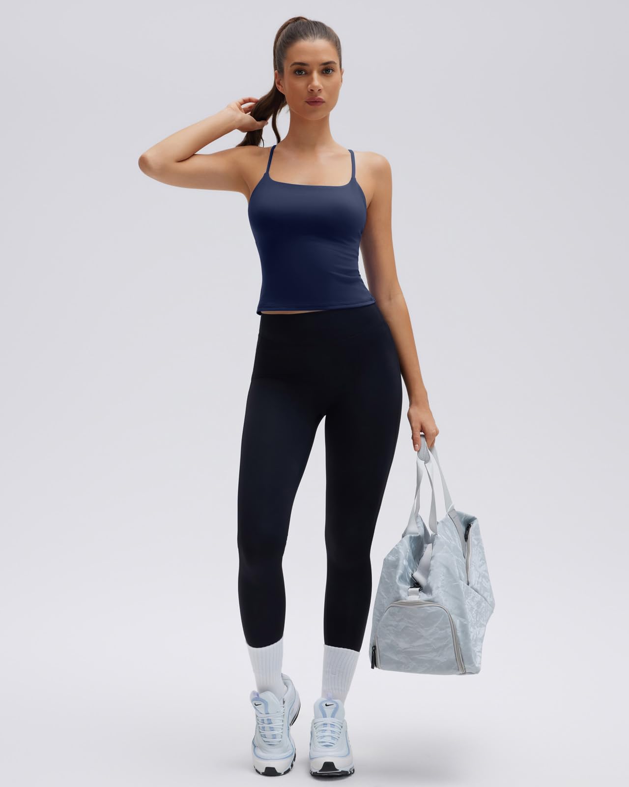 SUUKSESS Longline Padded Sports Bras Open Back Workout Spaghetti Strap Camisole Tops (Navy Blue, M)