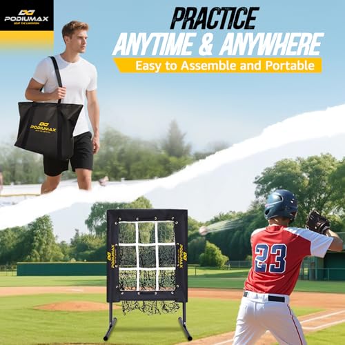 PodiuMax Baseball Pitching Net with Strike Zone - Black, Adjustable Heights, Heavy Duty Solo Trainer for Backyard Practice