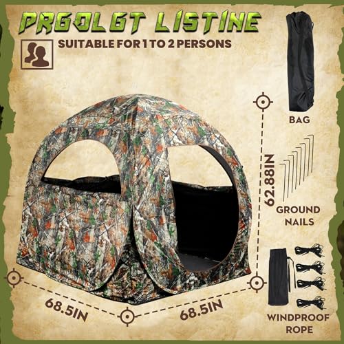 Lenotos 1012 Pop-Up Hunting Blind with 270° See-Through Windows, 1-2 Person, Lightweight, Packable, for Deer & Turkey Hunting