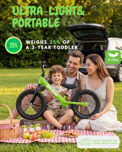 Bicystar 16 Inch Kids Balance Bike with Air Rubber Tires - Green / 14 Inch