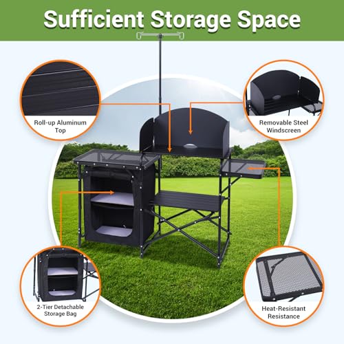 Nice C Portable Camping Kitchen Table Station Black Foldable Grill & Prep Table