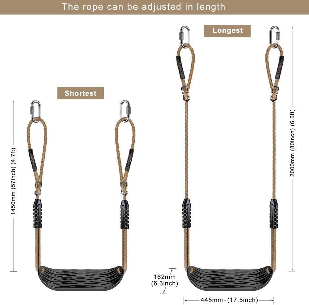 SELEWARE Plastic Swing Seat - Non-Slip Tree Swing with Adjustable Rope & Carabiners - Heavy Duty Black
