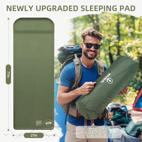 Wevelel Ultra-Thick Memory Foam Sleeping Pad - Military Yellow, 3.1 Inch Supportive Camping Mattress with Pillow