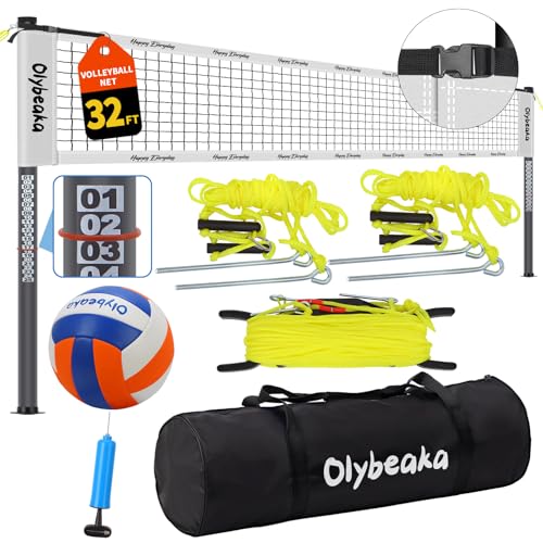 White 32ft Outdoor Portable Volleyball Net Set - Adjustable, Heavy-Duty Poles, Accessories