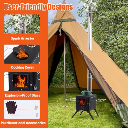 Black Portable Wood Burning Tent Stove with Chimney Pipes for Outdoor Heating and Cooking