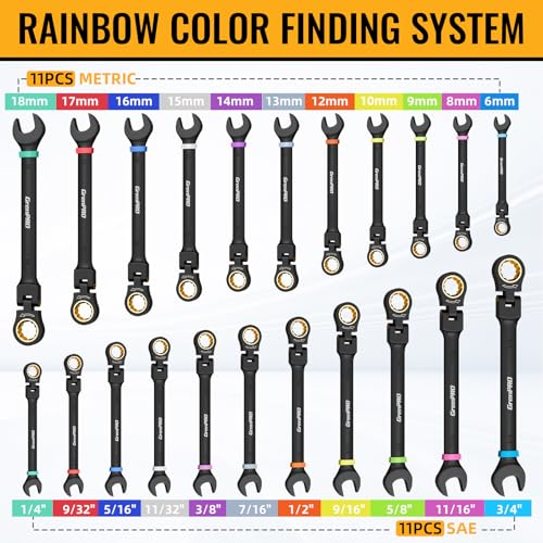 GRENPRO 23-Piece Flex Head Ratcheting Wrench Set with Color Ring (Metric & SAE)