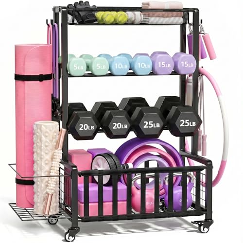 Heavy Duty Dumbbell Rack with Wheels & Hooks - Adjustable Home Gym Storage Organizer