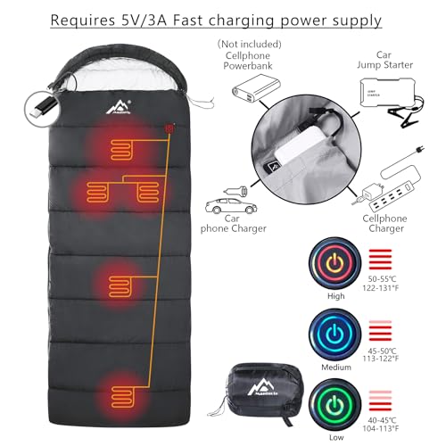 Mantuole Black Envelope-Style Heated Sleeping Bag 5pcs USB Power Support, Portable Camping Bed