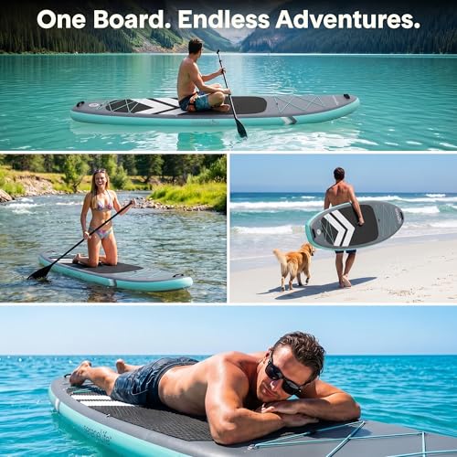 SereneLife 10’ Inflatable SUP Board - Gray, Wide Stable Design, Complete Kit for Water Sports