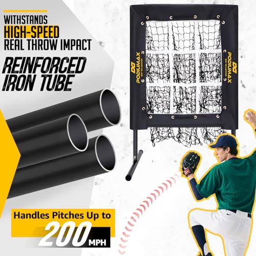 PodiuMax Baseball Pitching Net with Strike Zone - Black, Adjustable Heights, Heavy Duty Solo Trainer for Backyard Practice