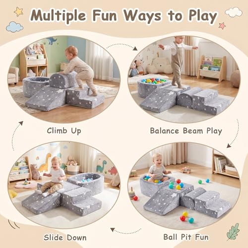 Tiita Kids Climbing Blocks 5-Piece Set with Ball Pit - Grey Star