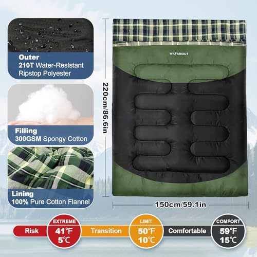 WKFAMOUT Olive Flannel Double Sleeping Bag for Adults, 2 Person Waterproof Queen Size, 3-4 Seasons Camping Bed with Compression Sack