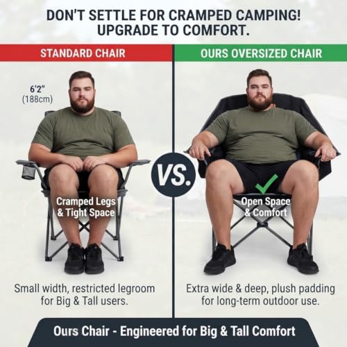 Black 2 Pack Heavy Duty Folding Camping Chairs - Padded & Wide Seat, Supports 500lbs