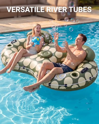 Pafolo Green 2-Person River Tube with Mesh Bottom - Heavy Duty Inflatable Float for River & Lake, Puncture-Resistant & Breathable