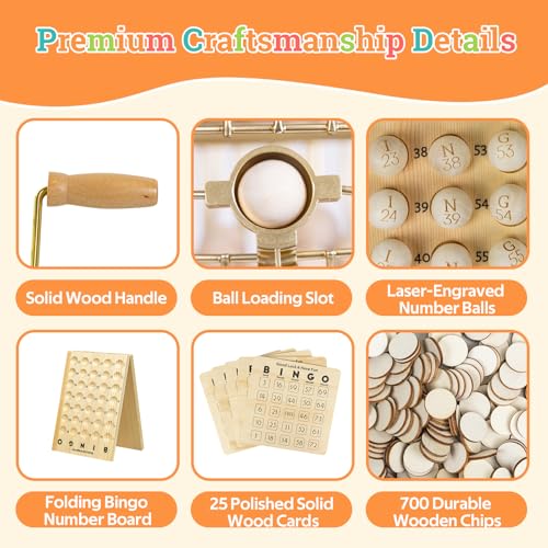 Deluxe Wooden Bingo Game Set with Metal Cage & Reusable Cards – Family & Party Game