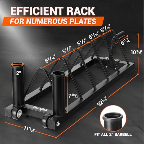 Yes4All Horizontal Weight Plate Rack with 6 Pegs & 4 Barbell Holders – Wall-Mounted Storage