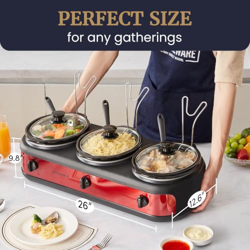 Elite Gourmet Red Triple Slow Cooker Buffet Server, 3 x 2.5 Qt, Multi-Use Kitchen Appliance