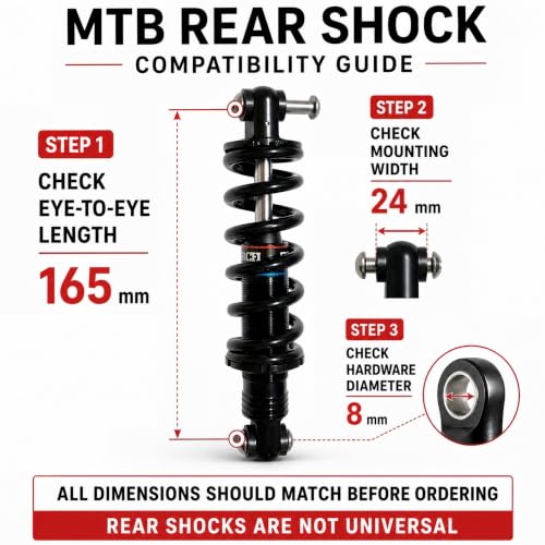 Black 165mm Rear Shock Absorber with 350LB Hydraulic Coil Spring for Mountain Bikes - WROASLTOUX