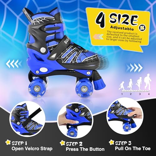 SULIFEEL Kids Adjustable Light-Up Roller Skates - Web Pattern, B Spider Blue, Medium