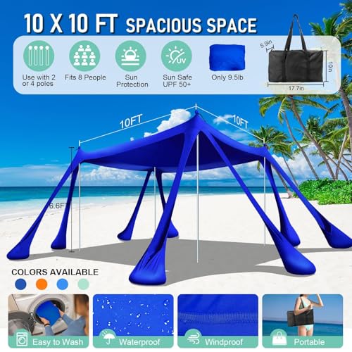 Navy 10x10FT Beach Tent Sun Shelter UPF50+ Portable Family Canopy with Sandbags