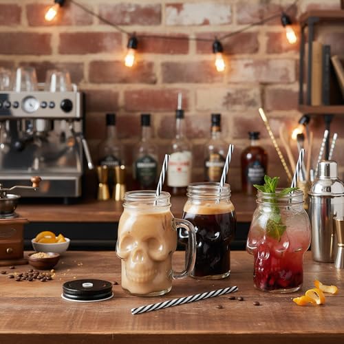 Skull Mason Jars with Handle - 16 Oz Glass Beer Mugs for Halloween Parties