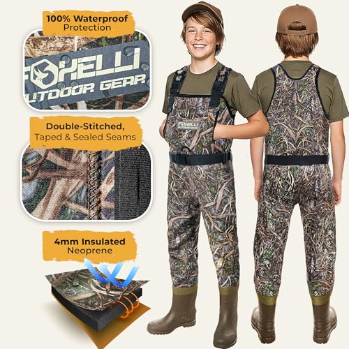 Kids Waterproof Neoprene Chest Waders with Boots - Camo, 12-13