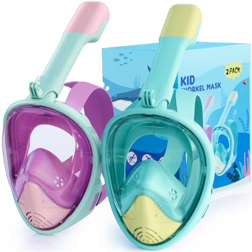 Kids Full Face Snorkel Mask Set 2 Pack - Blue Yellow & Pink Cyan, Anti-Leak, 180° View
