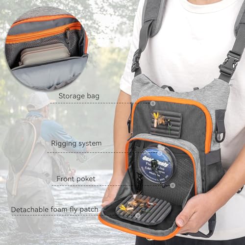 Fly Fishing Chest Pack Vest with Orange & Grey Variation, Large Capacity Tackle Bag