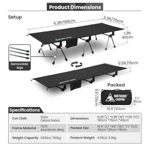 ONETIGRIS Supranubis Camping Cot Black - Height Adjustable Lightweight Folding Bed for Hiking, Travel, Beach, Office Nap