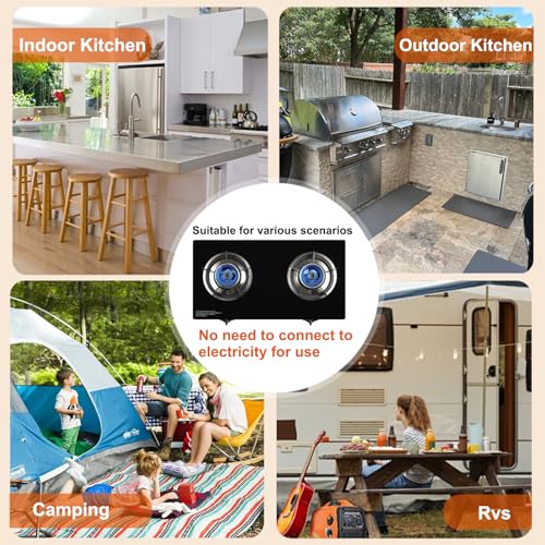 2 Burner Propane Gas Stove with Auto Ignition, 29000 BTU Outdoor Camping Cooktop - Heavy-Duty Tempered Glass, CSA Regulator & Hose Included