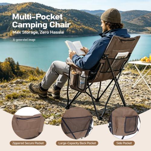 Khaki Portable Folding Camping Chair with High Back and Storage Bag