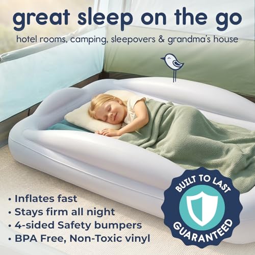 Hiccapop Inflatable Toddler Travel Bed with Safety Bumpers - Misty Blue, Portable & Puncture-Resistant