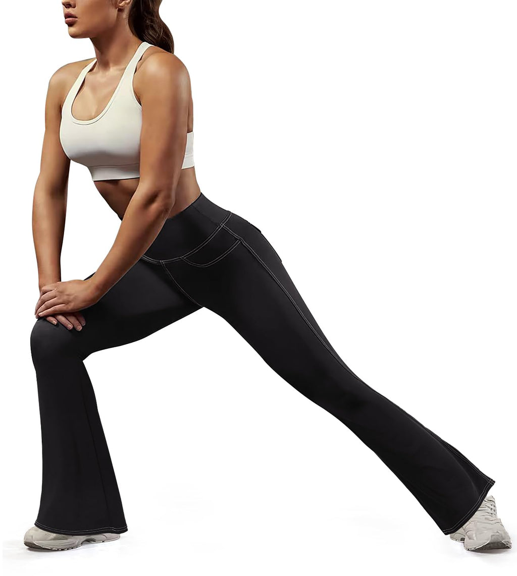 SEASUM Cargo Yoga Flare Leggings for Women Flap Pockets Butt Lifting Workout Gym Contrast Stitching Bootcut Casual Pants Imitation Jeans Black XL