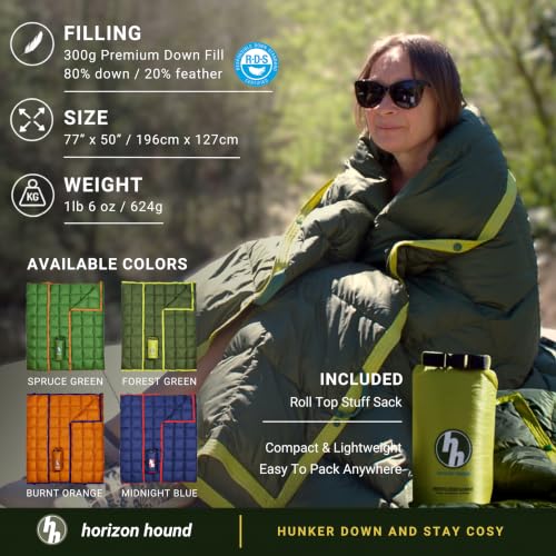Horizon Hound Forest Green 77 x 50-Inch Down Camping Blanket 650 Fill Power Ultralight Waterproof Quilt
