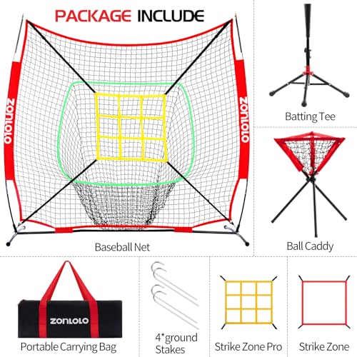 Portable Baseball & Softball Hitting Net Set with Batting Tee, Ball Caddy & Strike Zones