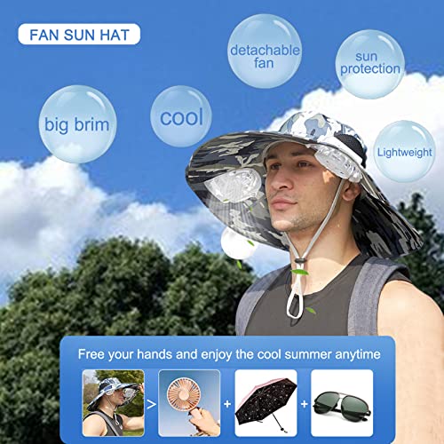 Men's Wide Brim Sun Hat with 2 Fans - Summer Cooling Bucket Hat, Large Navy
