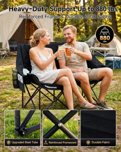 Black Double Camping Chair for Adults - 2 Person Oversized Folding Loveseat