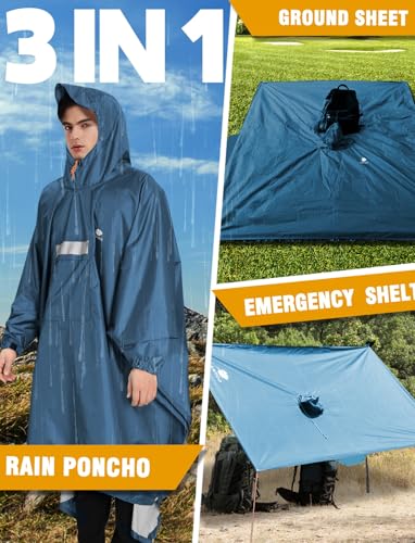 ANYOO Waterproof Hooded Rain Poncho for Adults with Zipper - Blue