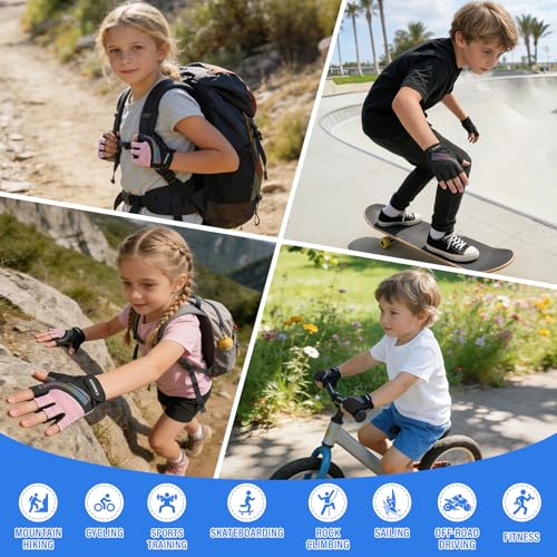 Kids Cycling Gloves for Boys and Girls, Half-Finger Padded Glove, Black, Large