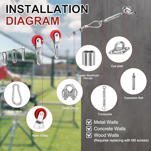 TRUCFUSION 35FT Batting Cage Cable Kit for Baseball Softball Nets with Steel Wire Rope