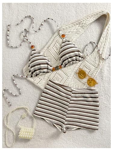 Women's Striped Halter Bikini Set Beaded Triangle Swimsuit Small Coffee Brown