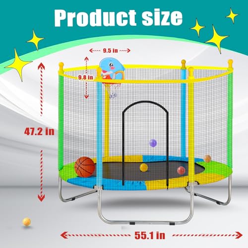 Juoe 55-Inch Kids Trampoline with Safety Enclosure & Accessories, Blue-Yellow-Green