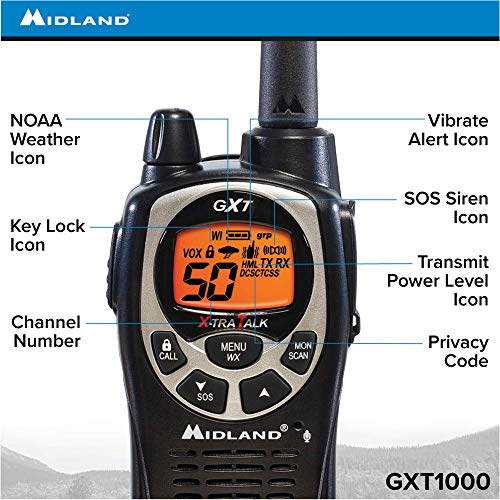 Midland GXT1000VP4 50-Channel GMRS Walkie Talkies 4 Pack, Waterproof 36-Mile Range