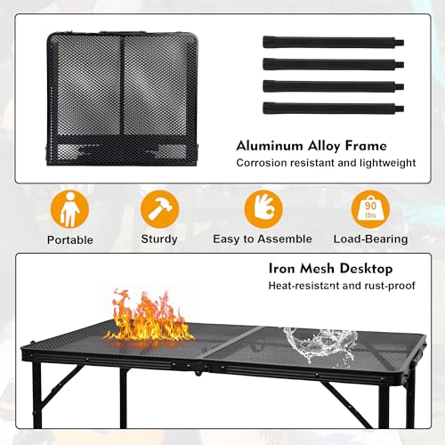 GREGIN 47.24" Folding Camping Grill Table, Portable Outdoor Metal Table, Height Adjustable